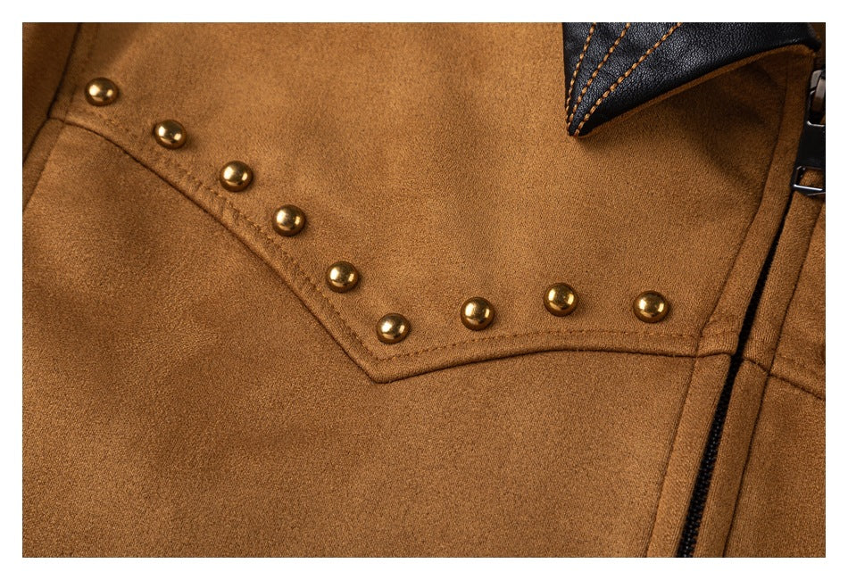 Close-up of gold studs along a curved seam on the rust-brown jacket, beside the zipper and black collar.