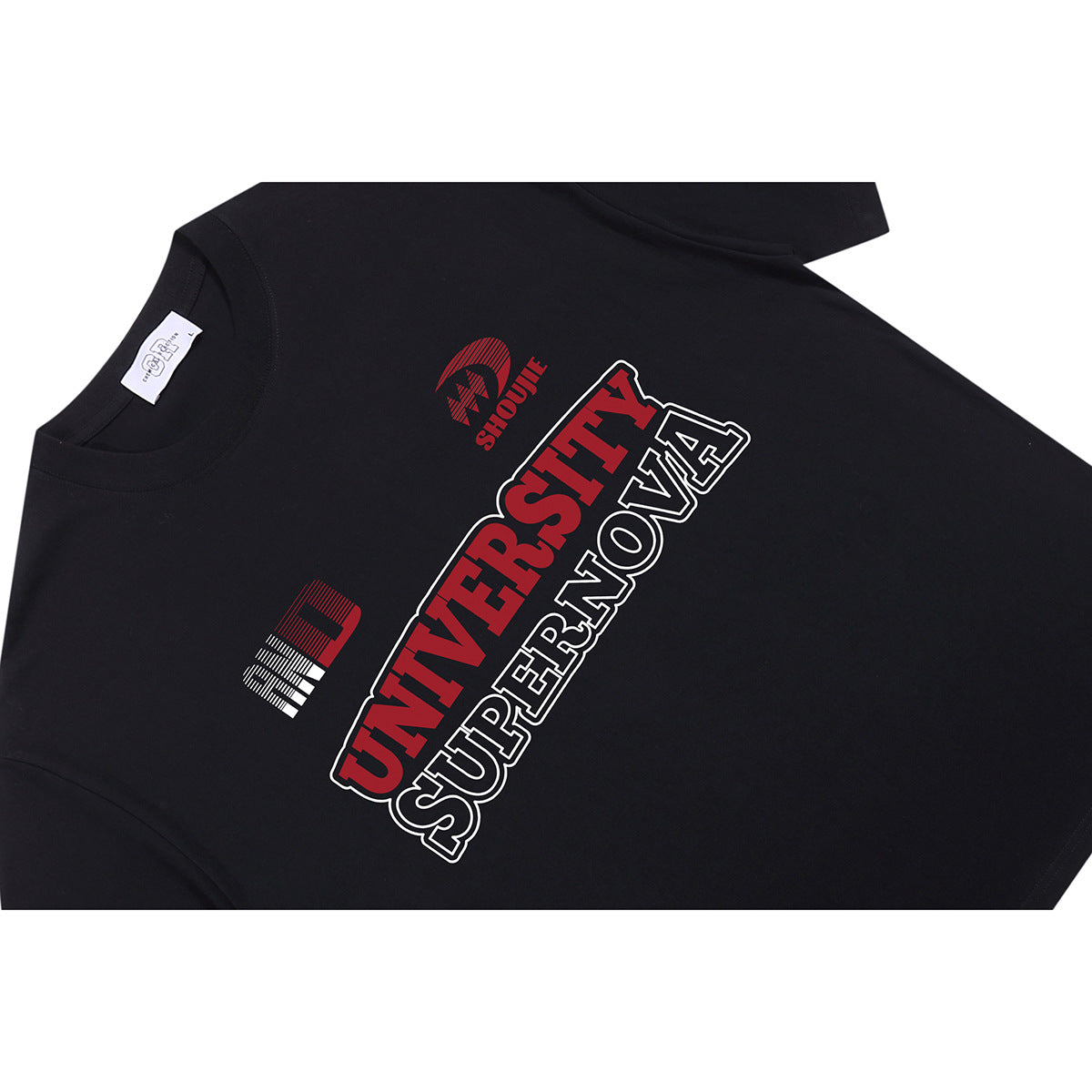 Black T-shirt with red, white, and gray university-themed lettering and graphics across the front.