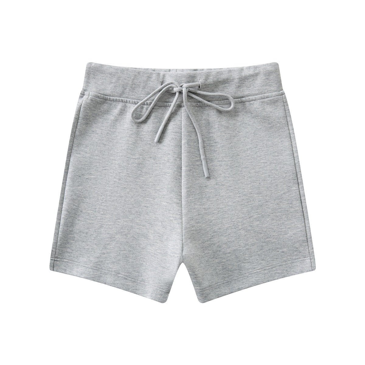 Heather gray drawstring shorts with a wide waistband, flat front view