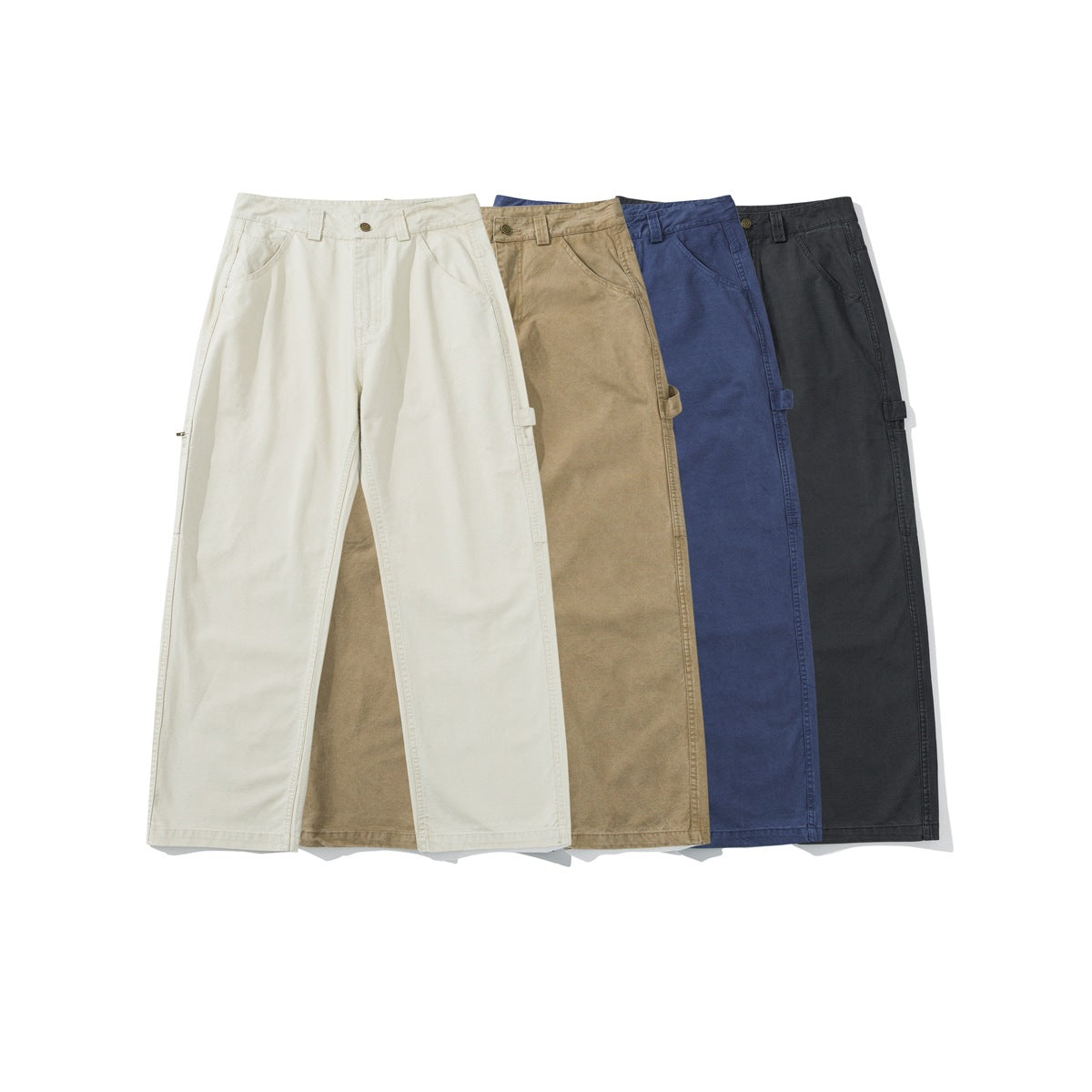 Four pairs of straight-leg utility trousers shown from the front in cream, tan, blue, and charcoal.