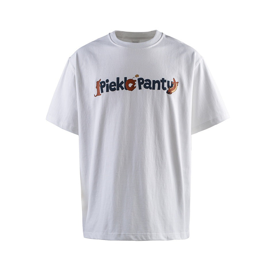 White short-sleeve crew-neck T-shirt with a 'Piekl Panty' chest graphic, front view