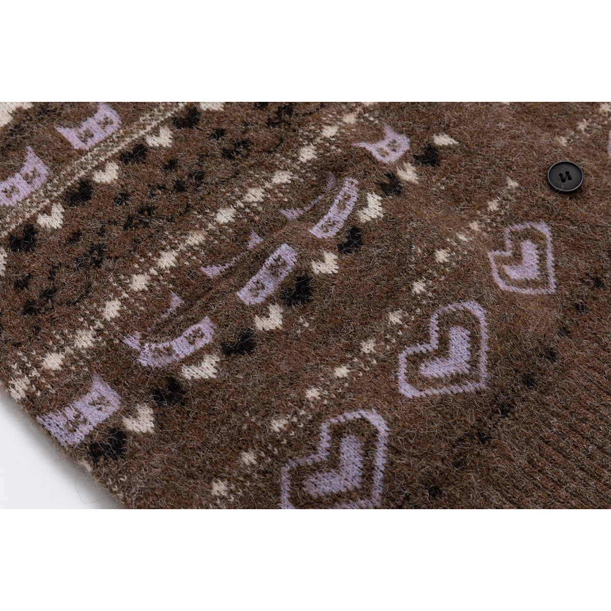 Close-up of the brown knit cardigan's cat-and-heart pattern and a dark button.
