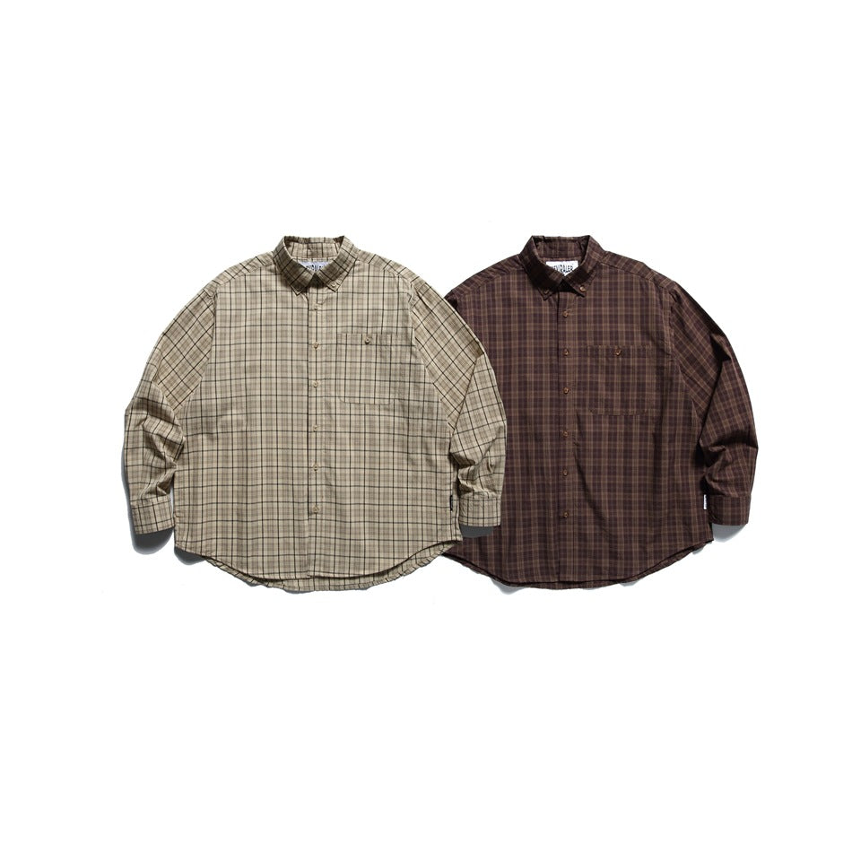 Two button-up plaid shirts shown from the front: one beige and one dark brown, both with chest pockets.