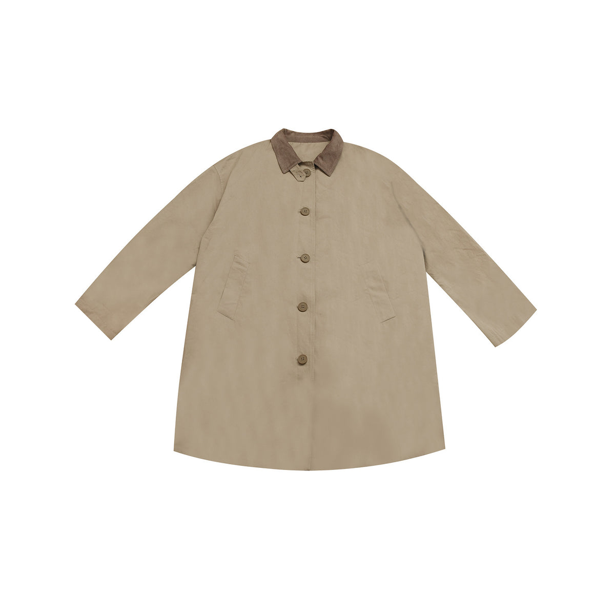 Khaki mid-length button-front jacket with brown corduroy-look collar and slanted pockets, flat lay front view