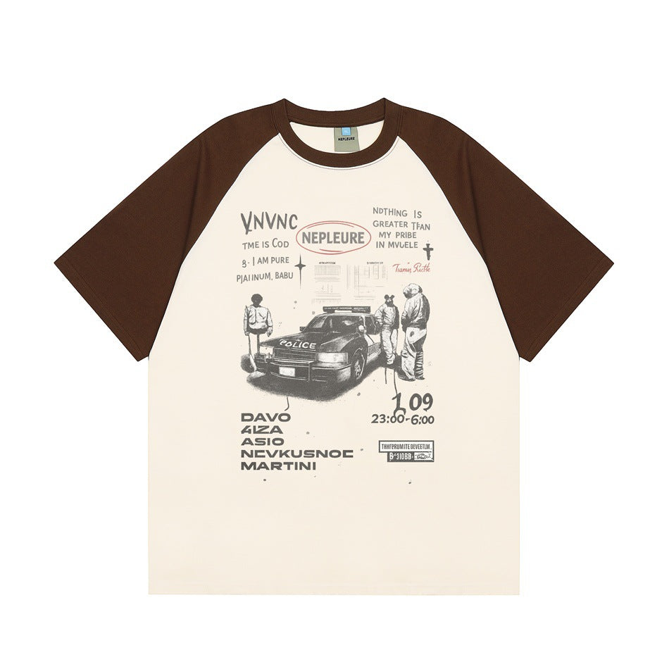 Apricot raglan T-shirt with brown sleeves and a police car graphic on the front