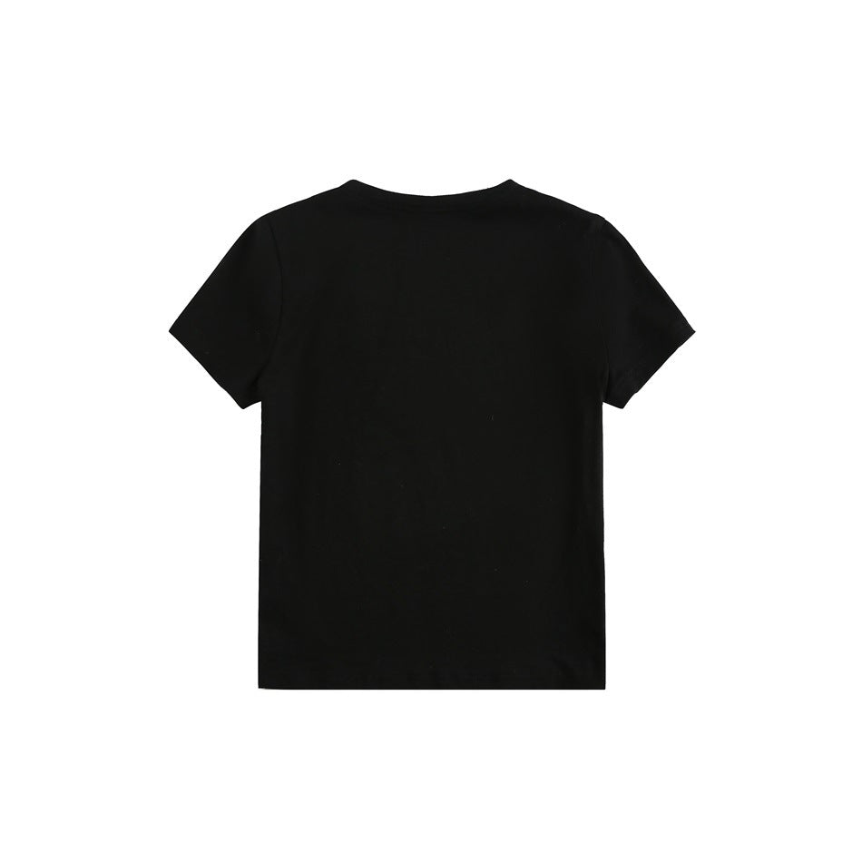 Back view of a plain black short-sleeve crew-neck T-shirt on a white background.