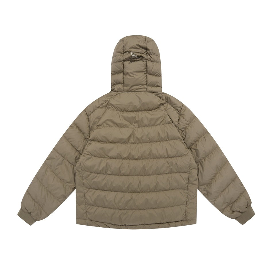 Back view of a taupe hooded quilted jacket with horizontal baffles and gathered cuffs.