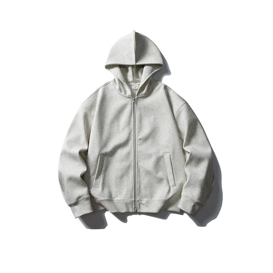 Light heather gray zip-up hoodie laid flat, front view, with hood, front zipper and two angled pockets