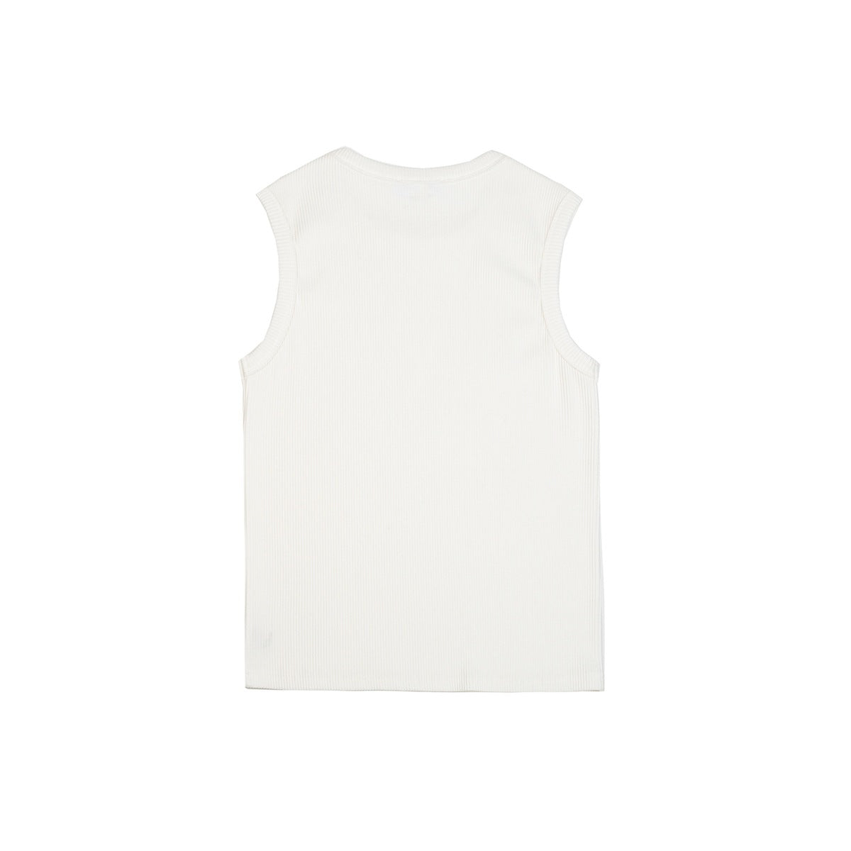 Back view of a plain white sleeveless ribbed tank top, laid flat.