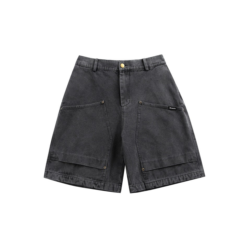 Black washed knee-length shorts with large front panel pockets, button fly and belt loops, flat front view