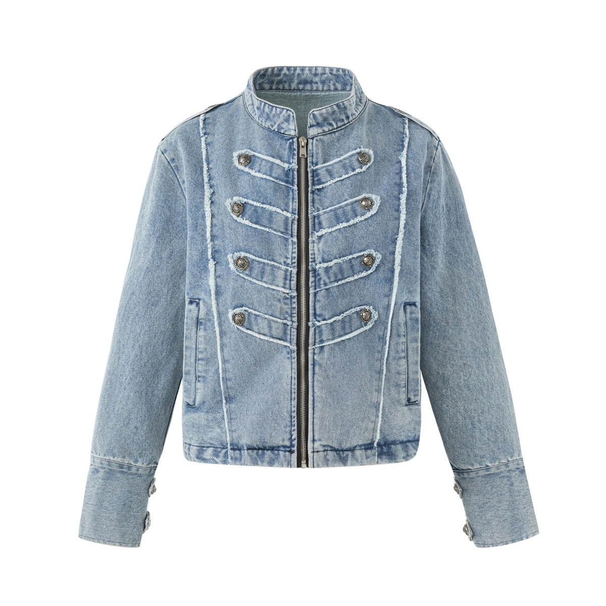 Washed blue denim jacket with stand collar, front zipper, frayed chest tabs, silver buttons and button cuffs, flat lay