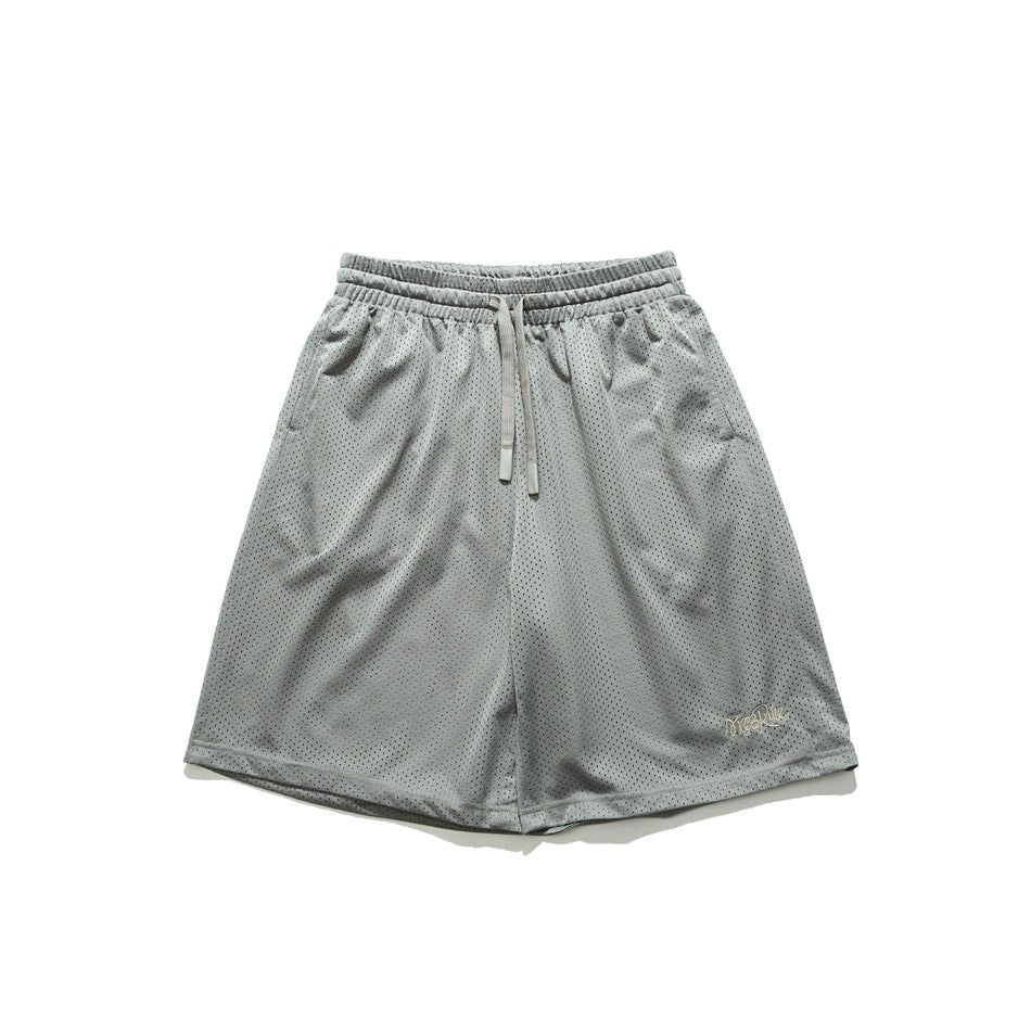 Light gray perforated mesh drawstring shorts, front flat view with small embroidered logo