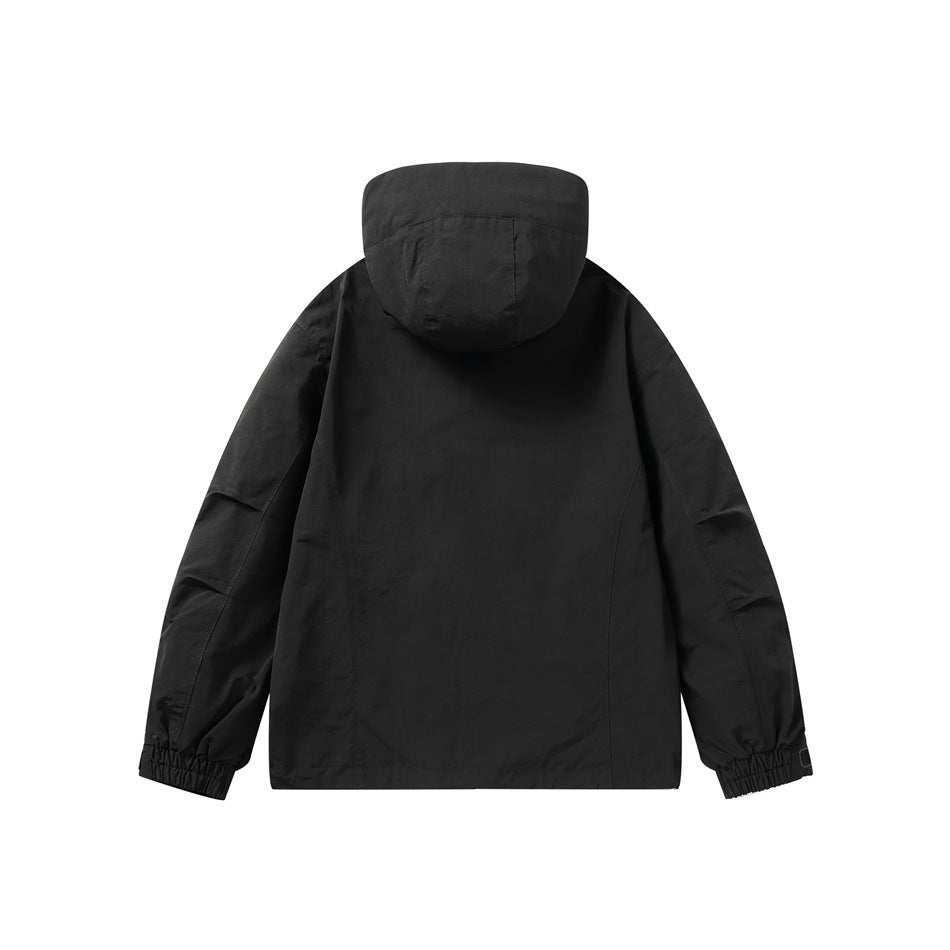 Back view of a black hooded jacket with elasticated cuffs.