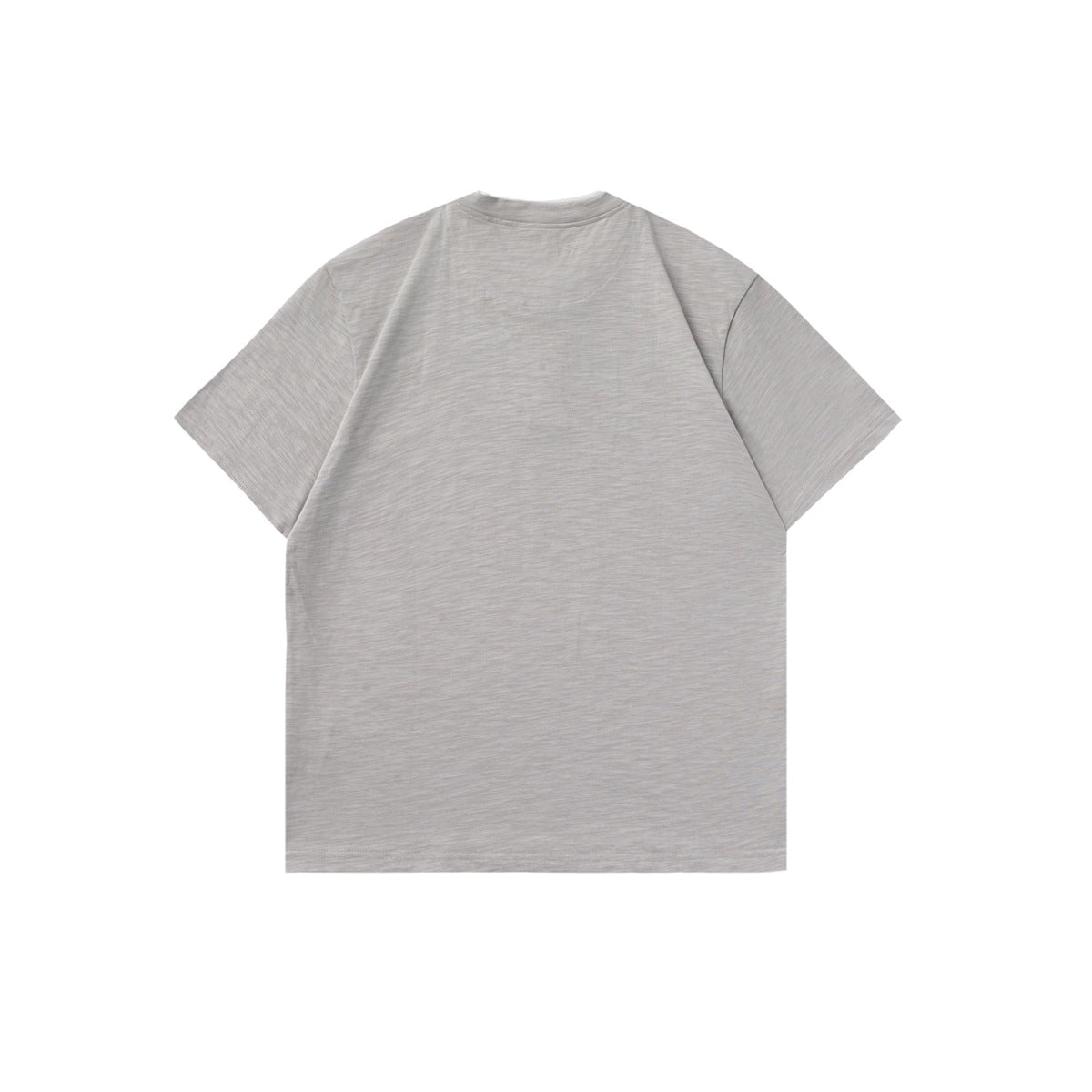 Back view of a plain short-sleeve T-shirt in light heather gray, shown flat against a white background.