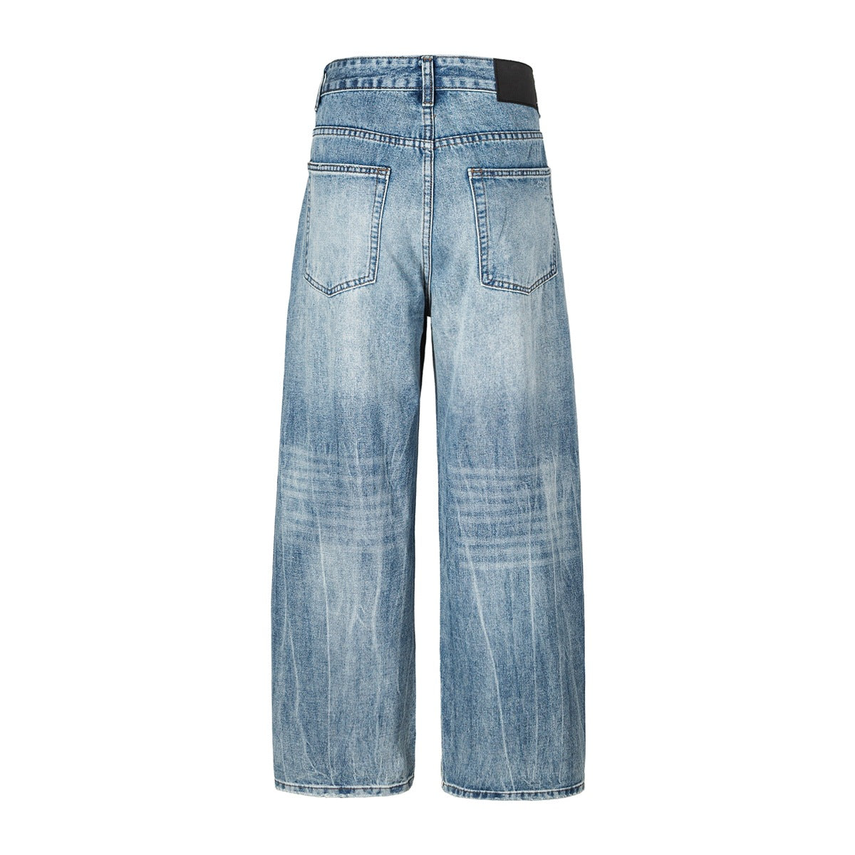 Back view of washed blue wide-leg jeans with two patch pockets and a dark waistband patch