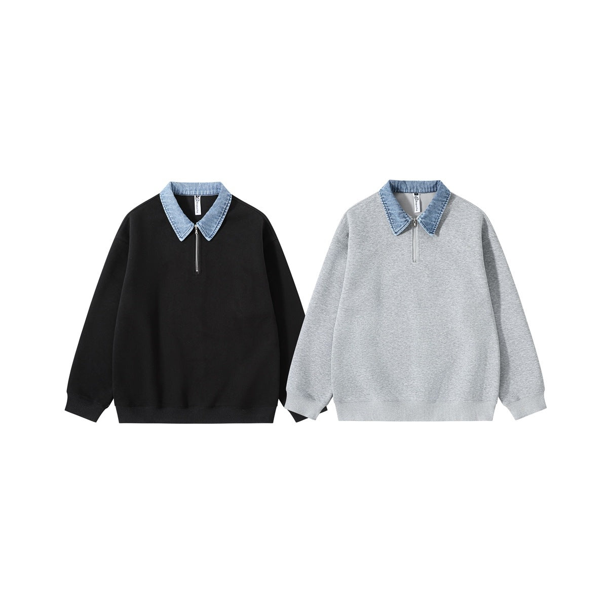 Black and heather gray half-zip sweatshirts with light blue denim-style collars displayed side by side