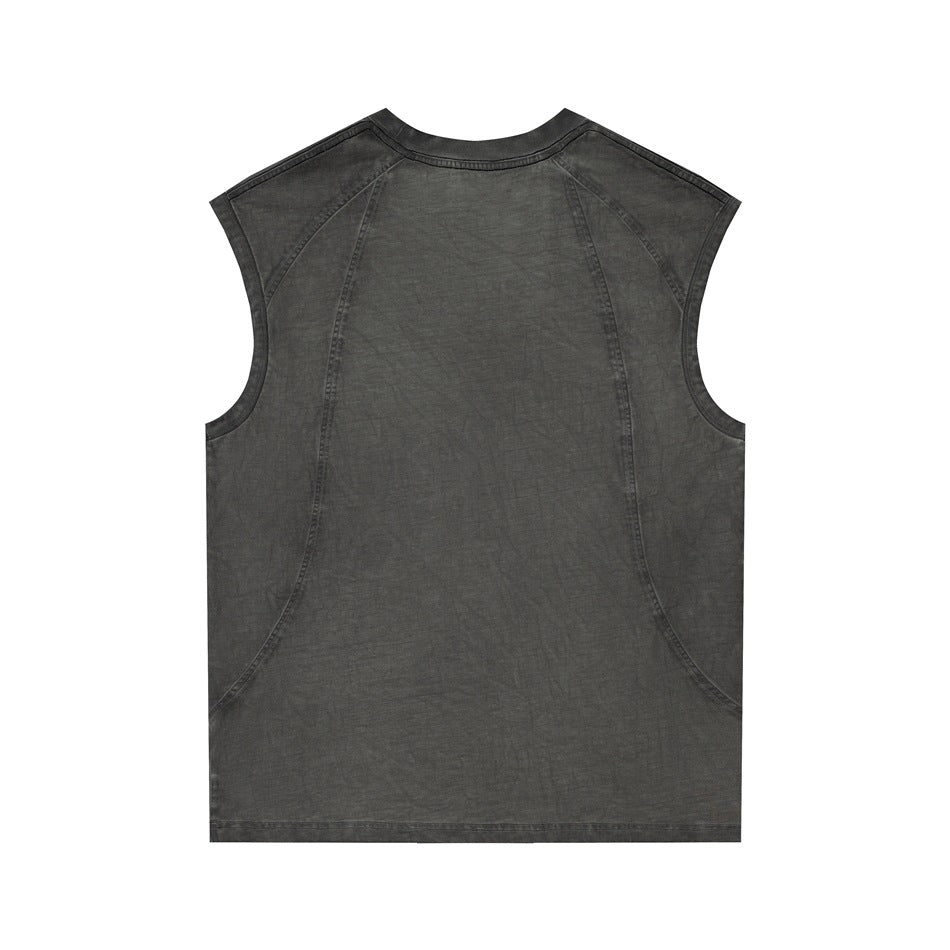 Back view of a charcoal sleeveless crewneck top with curved panel seams and a washed finish.