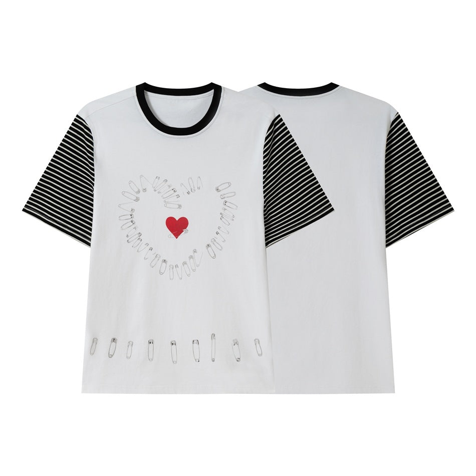 White short-sleeve T-shirt shown from the front and back, with black striped sleeves, a black collar, and a safety-pin heart