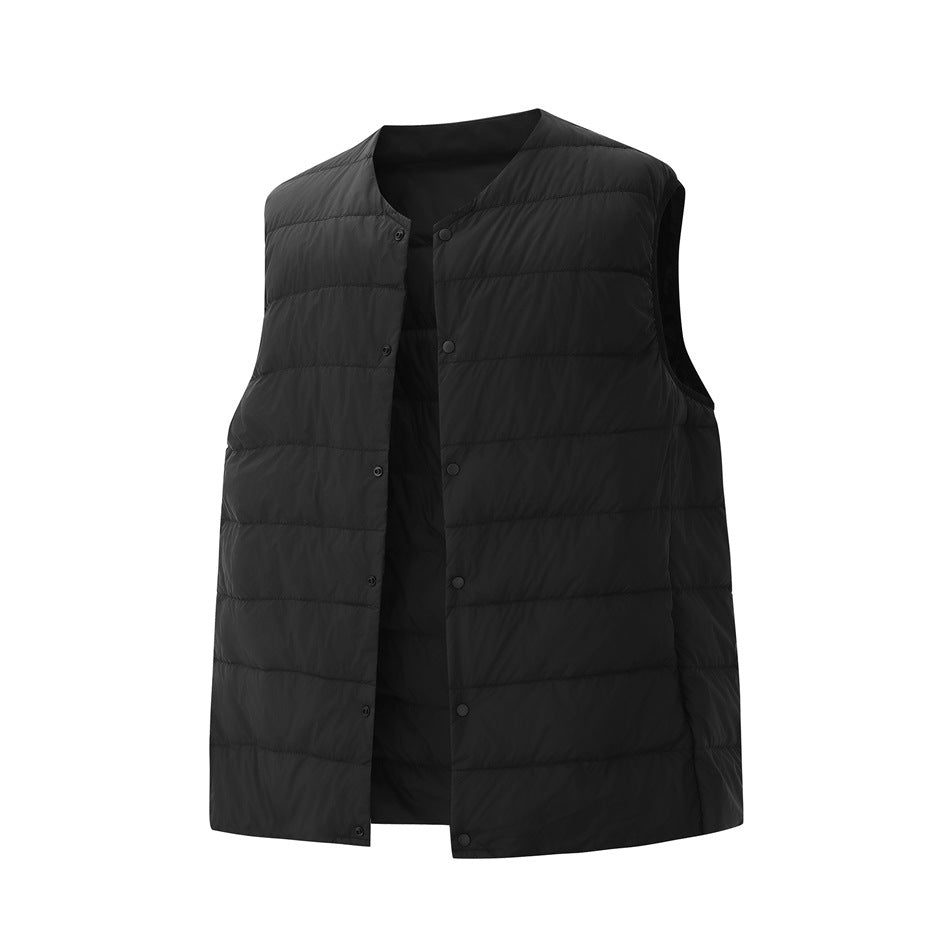 Black quilted sleeveless vest with the snap-button front unbuttoned, shown flat from the front
