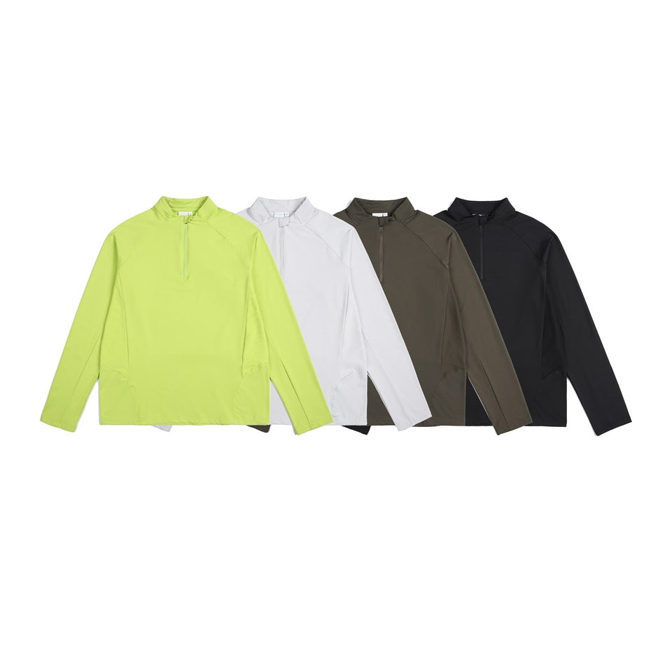 Four long-sleeve quarter-zip tops shown together in lime green, white, dark olive and black.