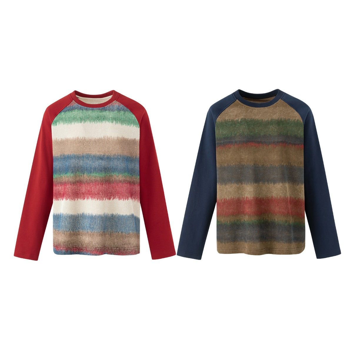 Two long-sleeve raglan tops shown front-on: one with red sleeves and a multicolor striped body, the other navy sleeves and a