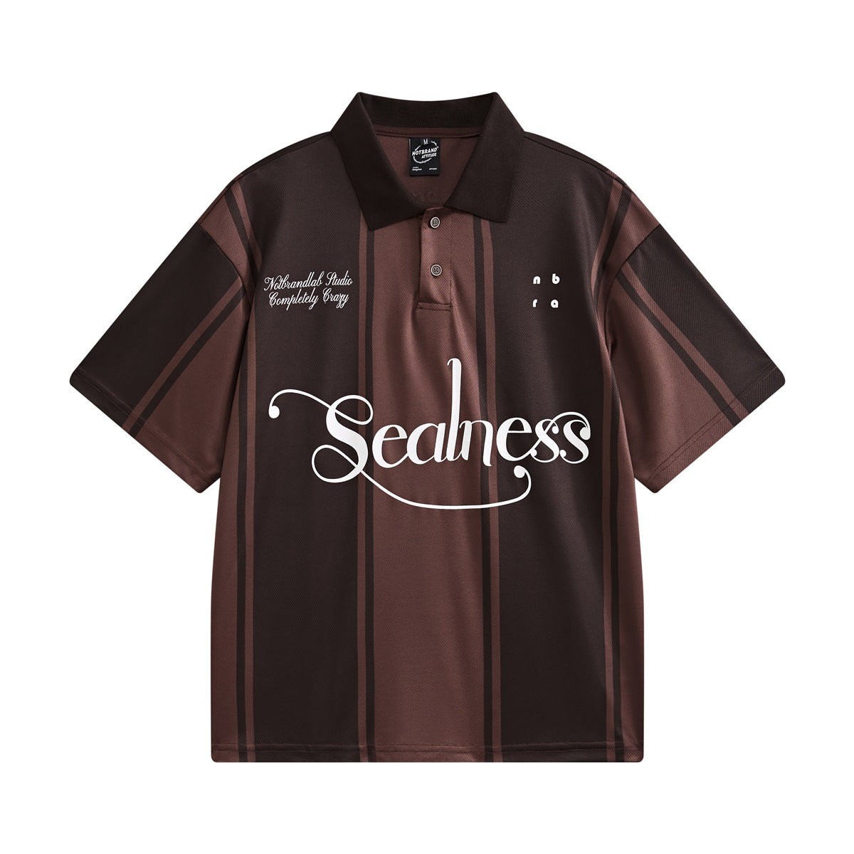 Brown striped short-sleeve polo shirt with dark collar, two buttons and white script Sealness print, flat front view