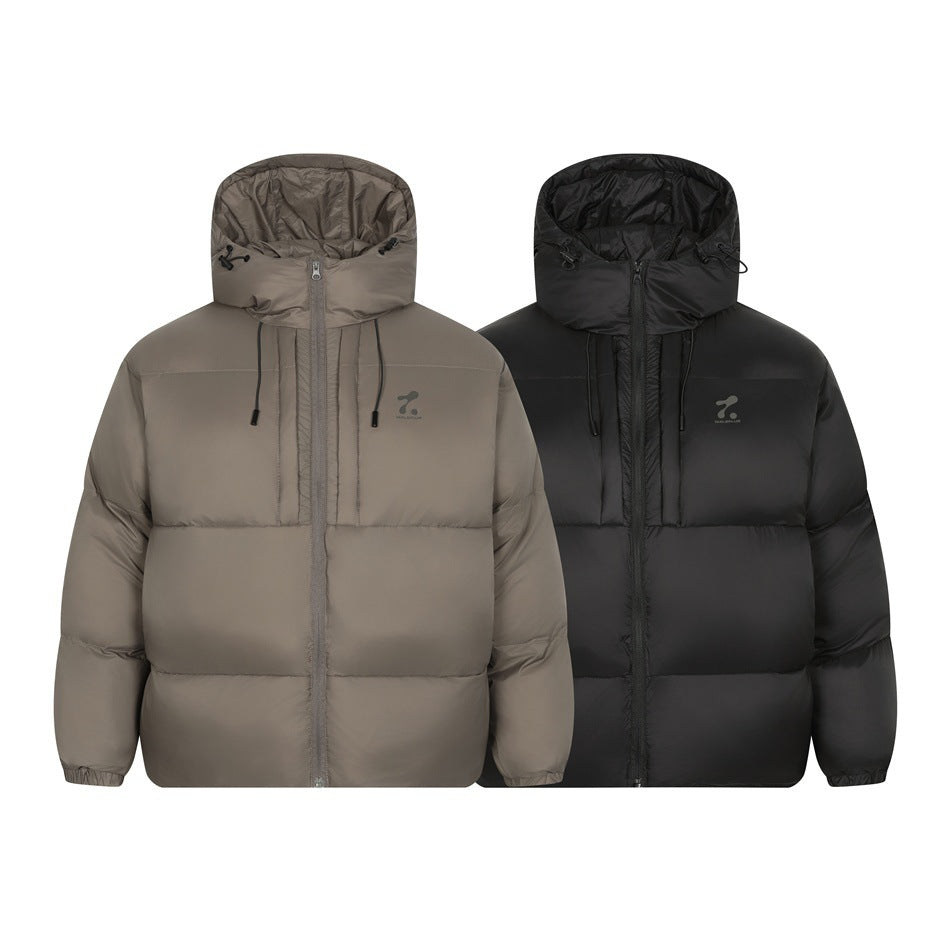 Front views of hooded puffer jackets in taupe and black, with full zips and chest logos.