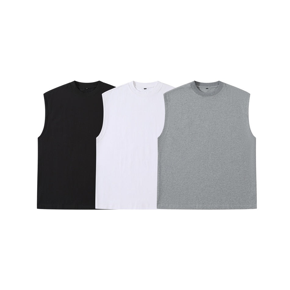 Three sleeveless crew-neck tops shown from the front in black, white, and heather gray.