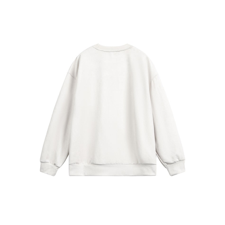 Back view of a plain ivory crewneck sweatshirt with long sleeves, ribbed cuffs, and hem.
