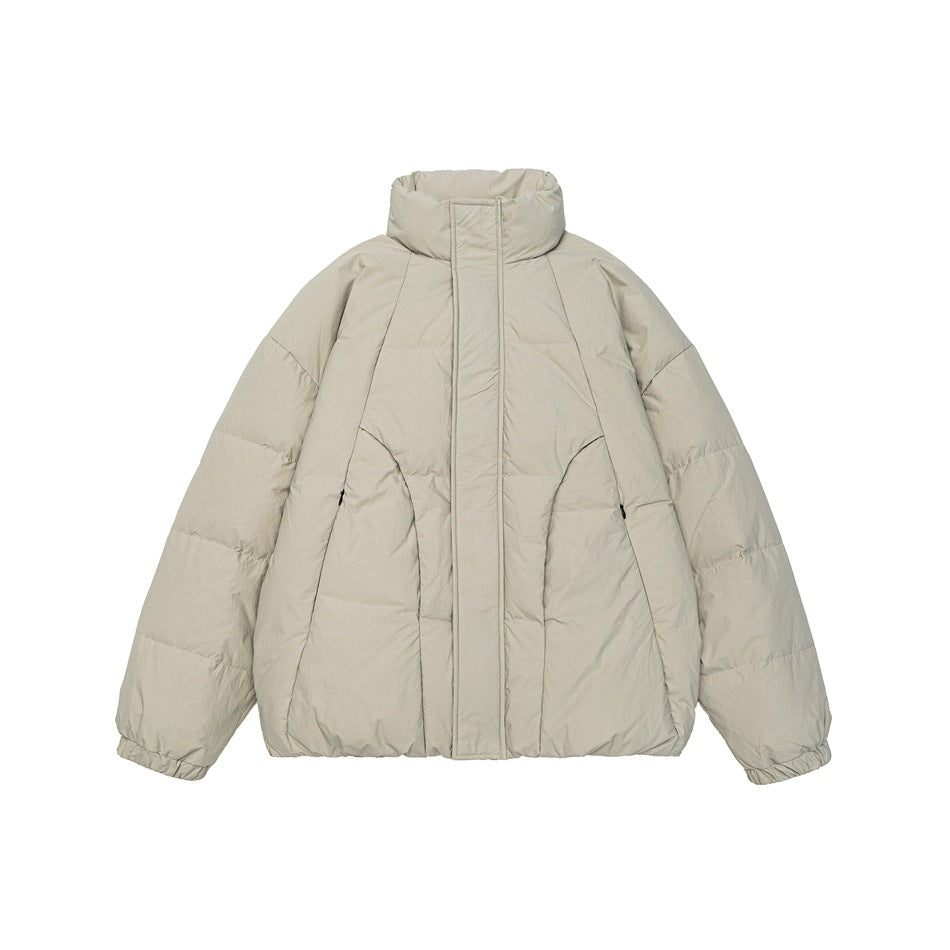 Beige-gray quilted puffer jacket with stand collar, front placket and elastic cuffs, flat front view