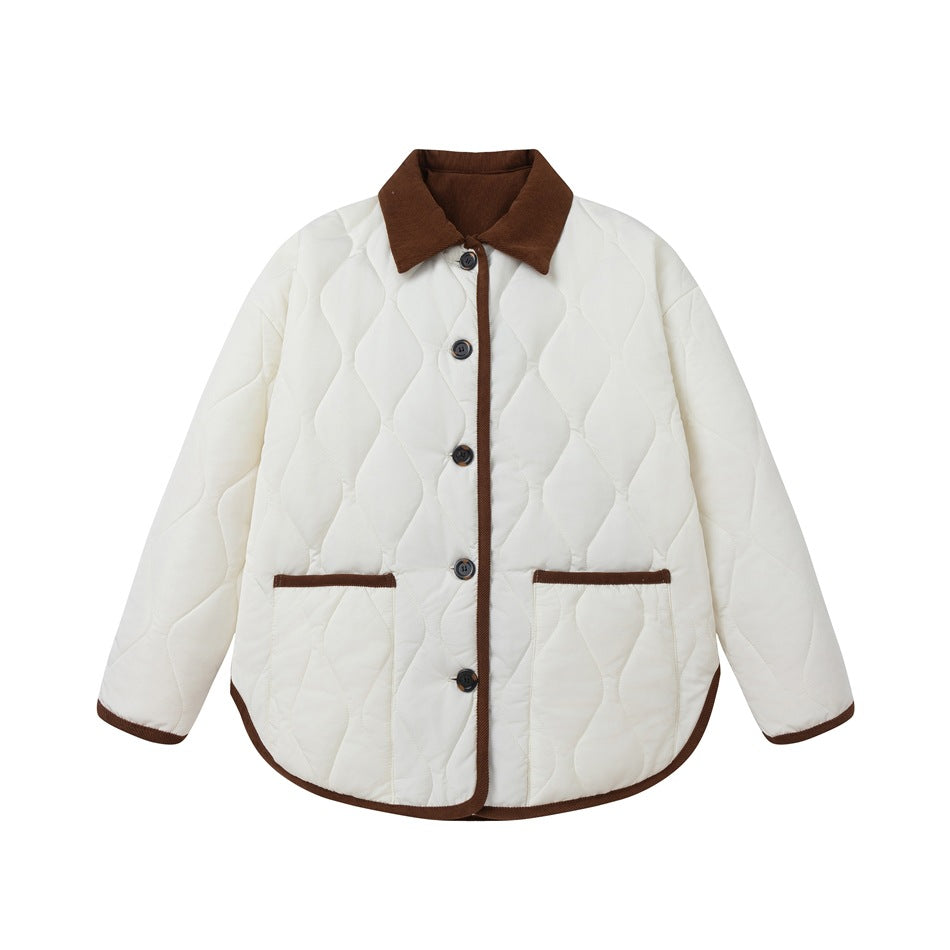Off-white quilted button-front jacket with brown contrast collar, pockets and trim, flat front view
