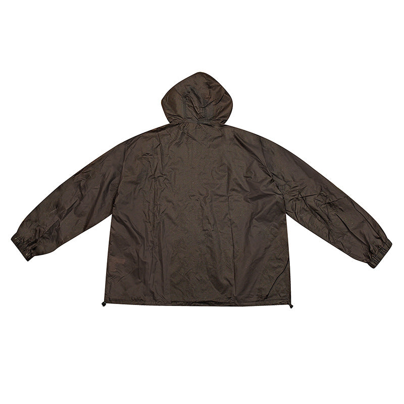 Back view of brown hooded lightweight jacket laid flat with elastic cuffs and drawcord hem