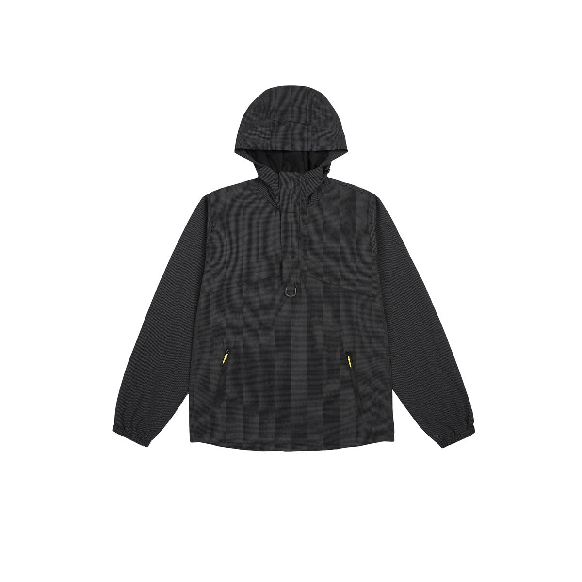 Black hooded half-zip pullover jacket flat lay with D-ring, zip pockets and elastic cuffs