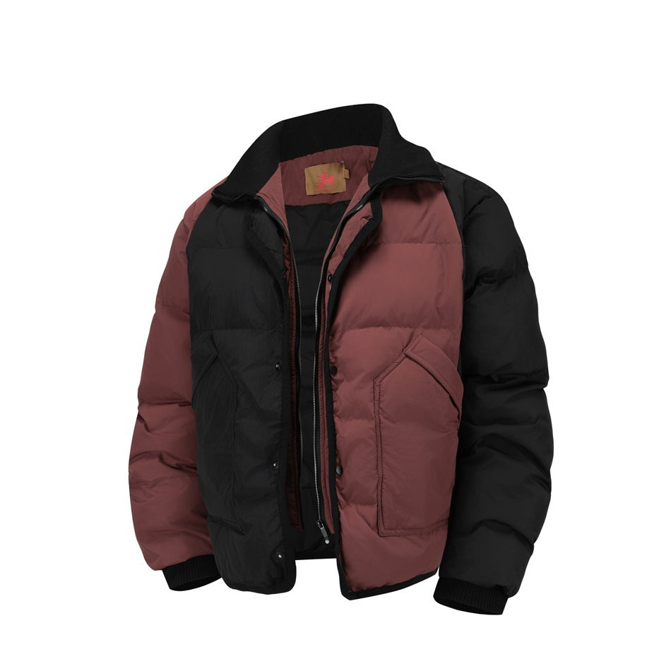 Burgundy and black quilted jacket with a tall collar, front zipper and snaps, and large pockets.