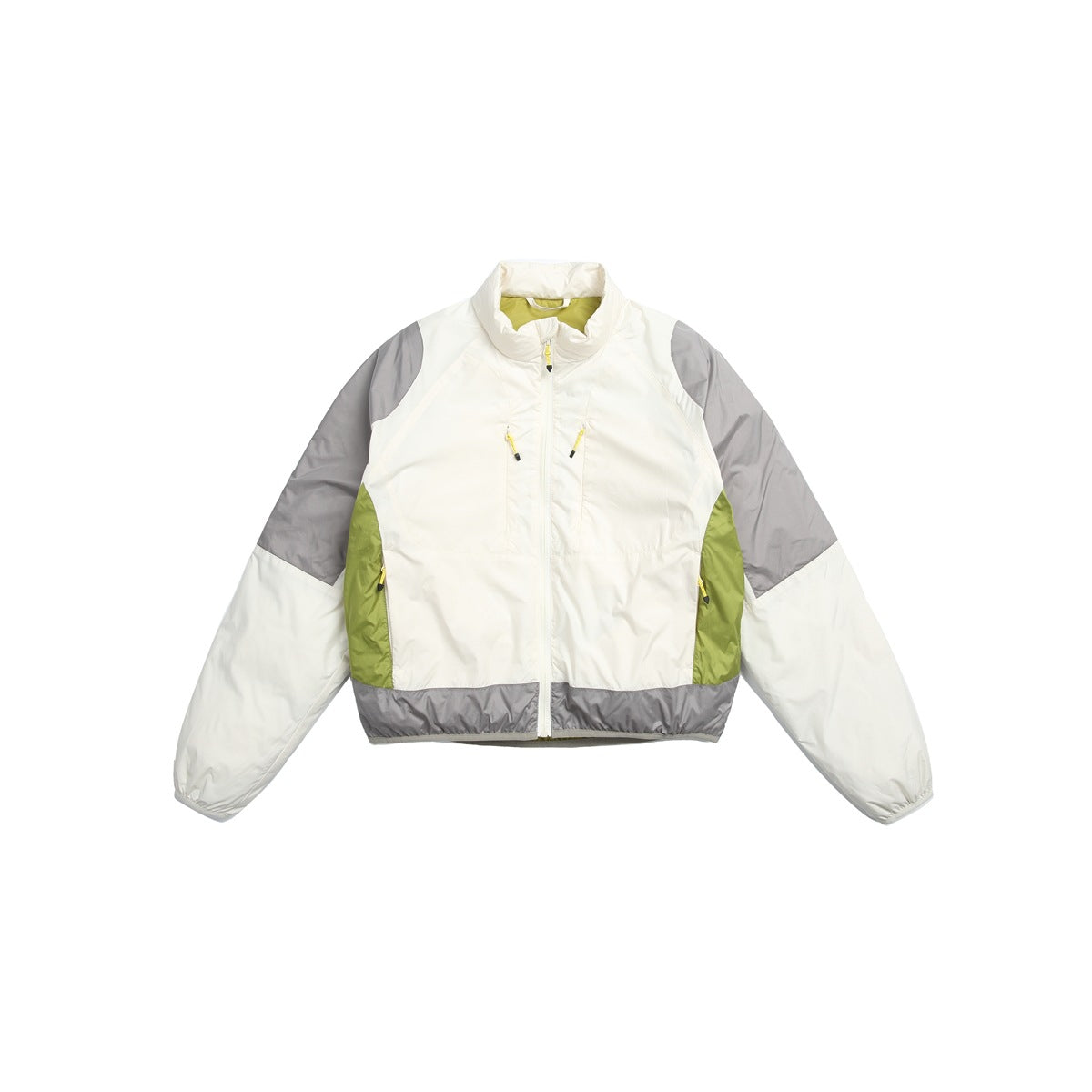 White stand-collar zip jacket with gray shoulder and hem panels and green side panels, flat front view