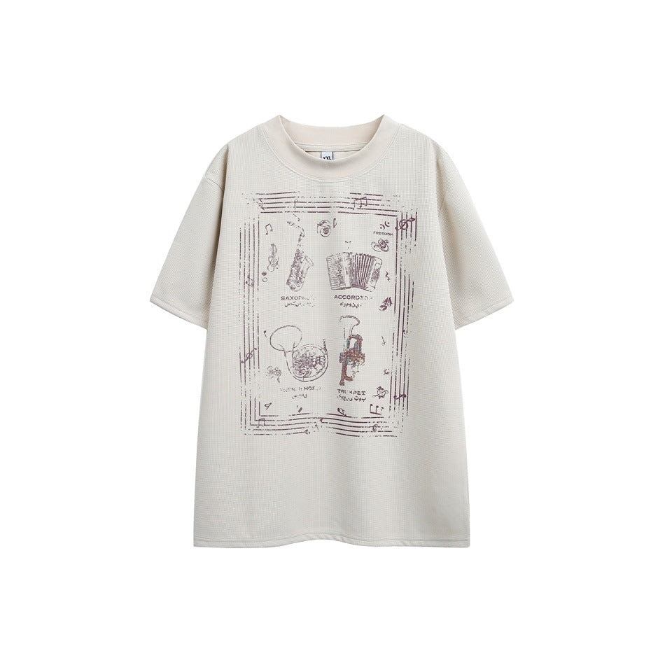 Beige waffle-knit short-sleeve T-shirt with a brown vintage musical-instrument graphic on the front