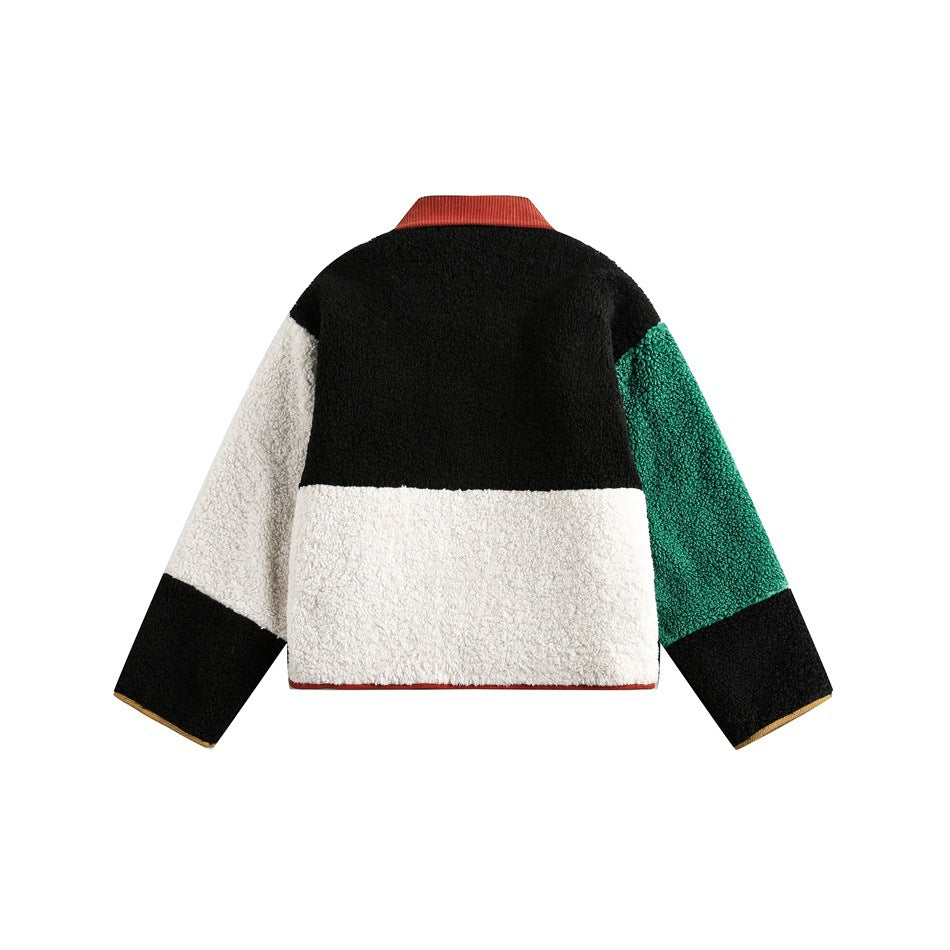 Back view of a color-block fleece jacket with a black upper back, white lower panel and contrasting sleeves.