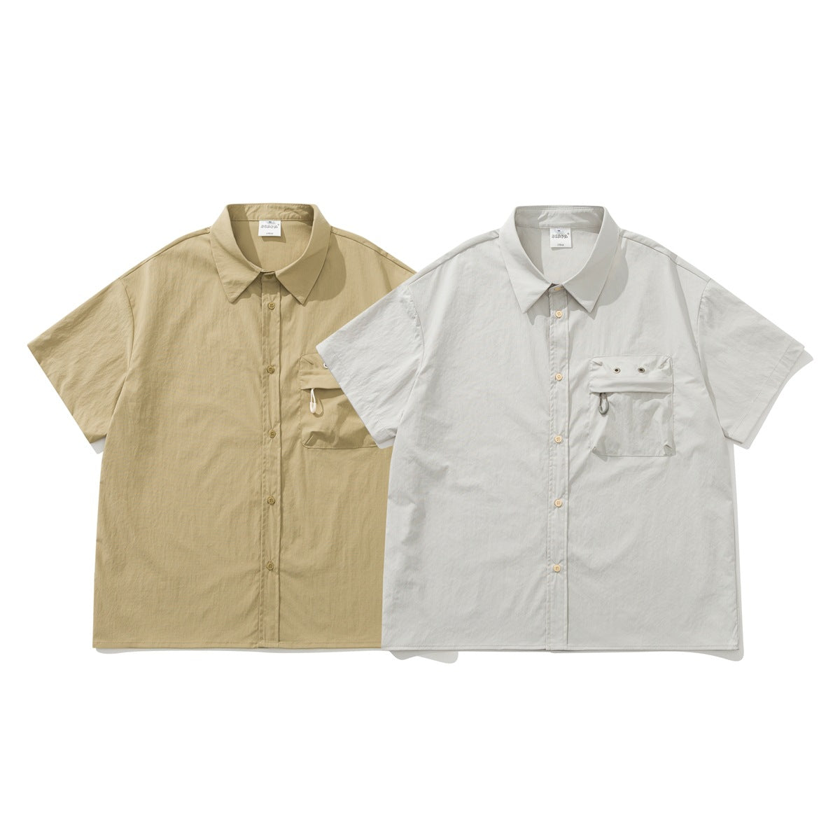 Two short-sleeve button-up shirts shown from the front in tan and off-white, each with a flap chest pocket.