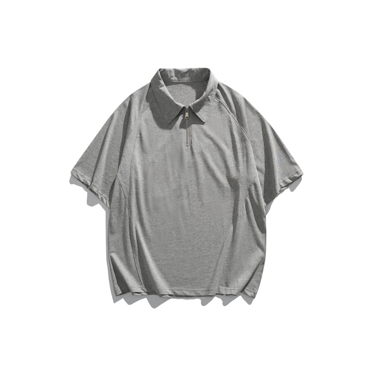 Gray short-sleeve polo-style top with half-zip collar and raglan sleeves, flat lay front view