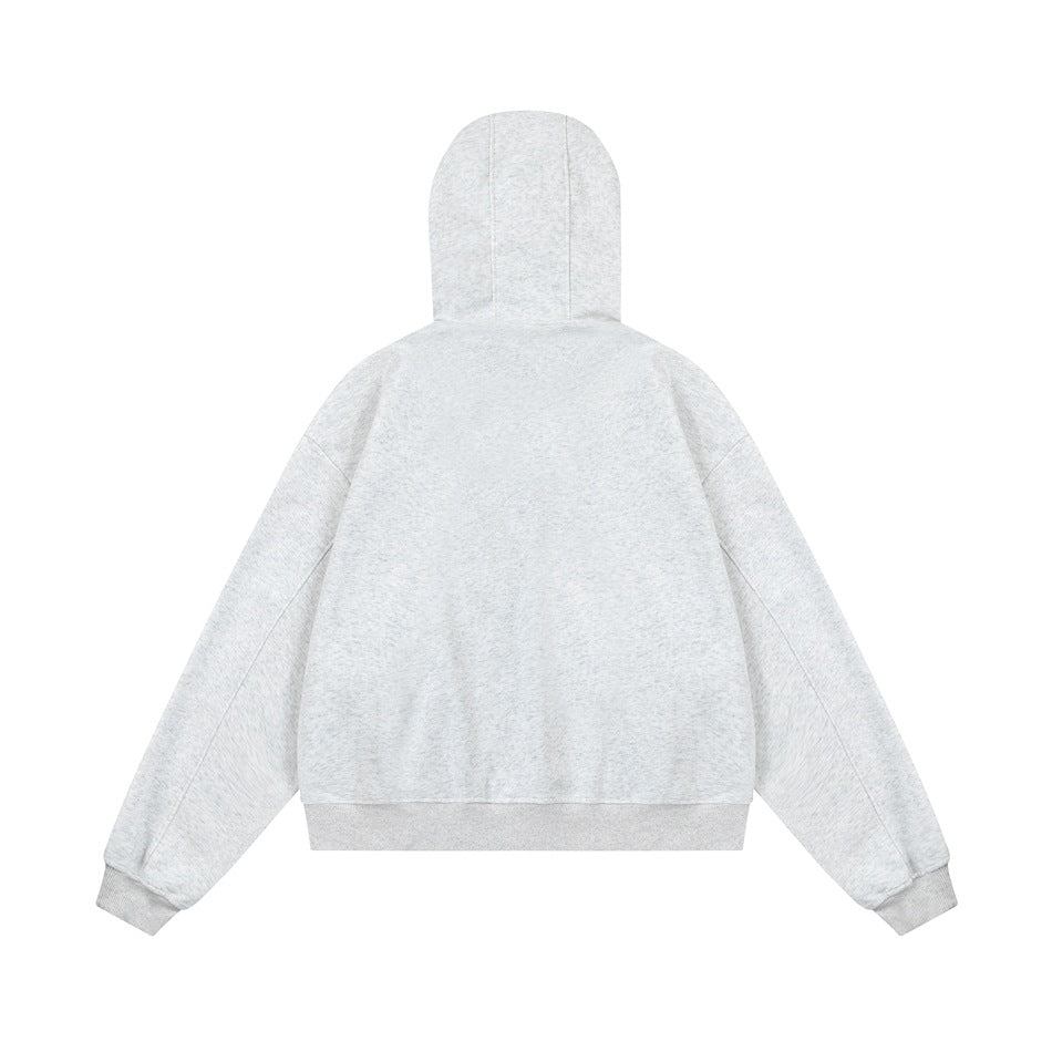 Back view of a light gray marled hooded zip sweatshirt shown flat against a white background.