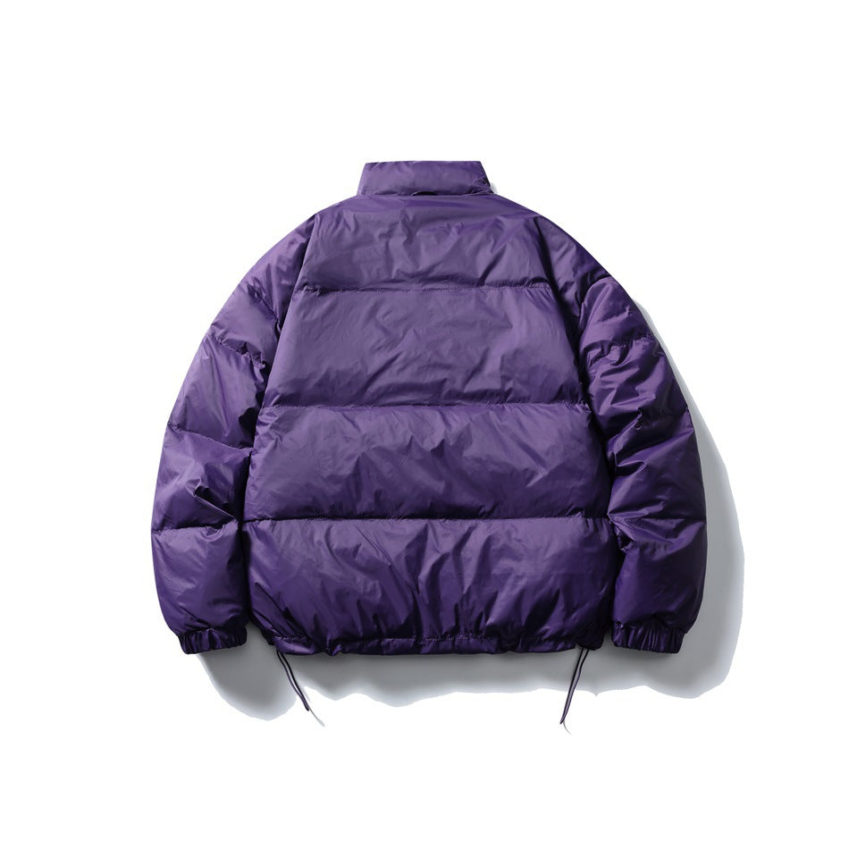 Back view of a purple quilted puffer jacket with a stand collar, elastic cuffs, and adjustable drawcord hem.