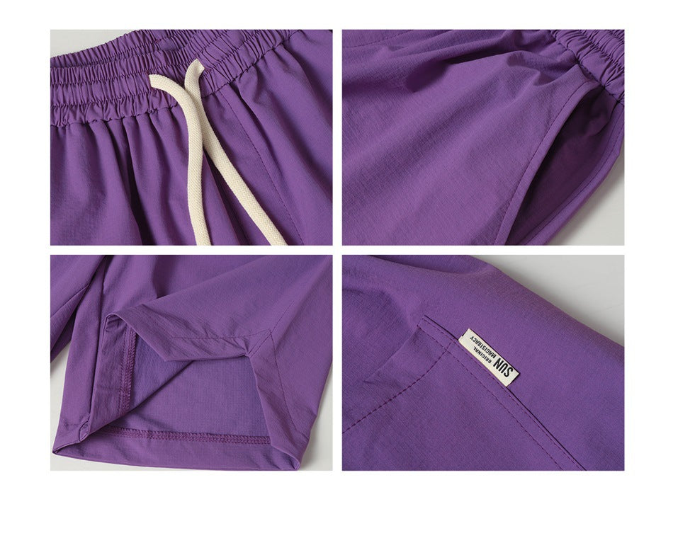 Four close-up views of purple pants showing the drawstring waist, pocket opening, hem, and sewn label.
