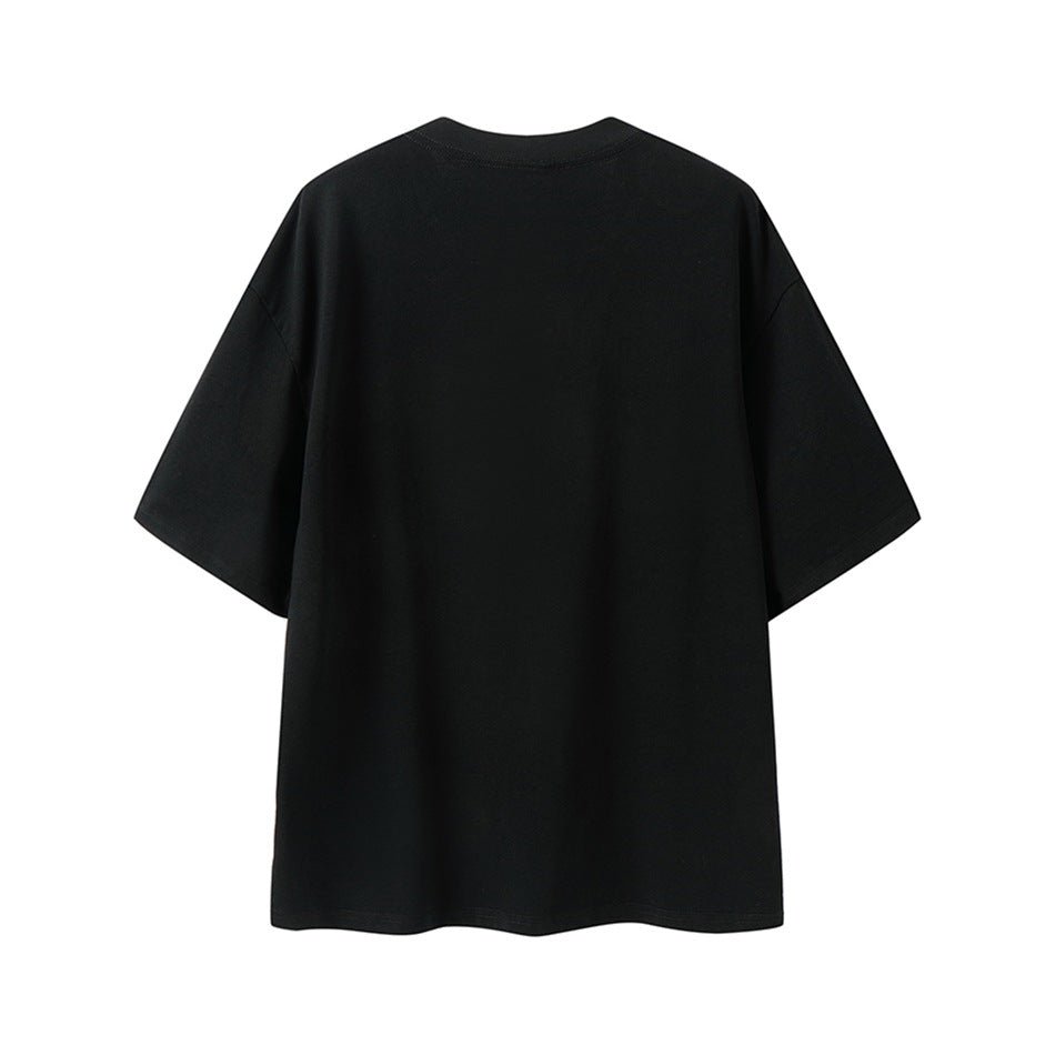 Back view of a plain black short-sleeve crew-neck t-shirt with dropped shoulders