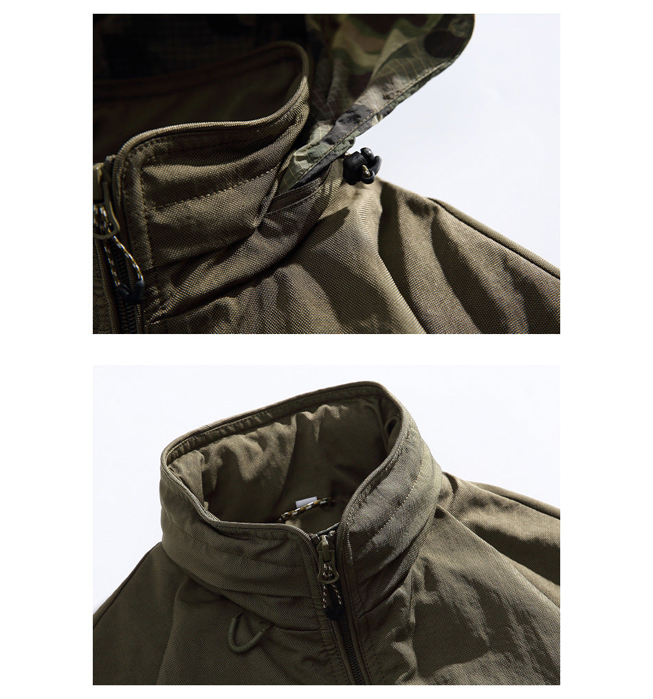 Close-up views of an olive jacket’s hood drawcord, textured fabric, high collar and front zipper.