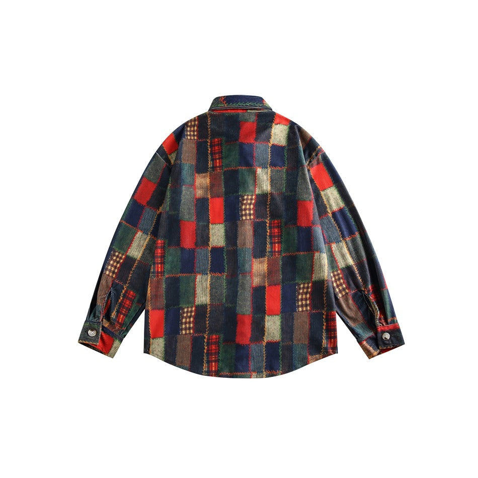 Back view of a long-sleeve shirt in a colorful red, navy, green and tan patchwork pattern.