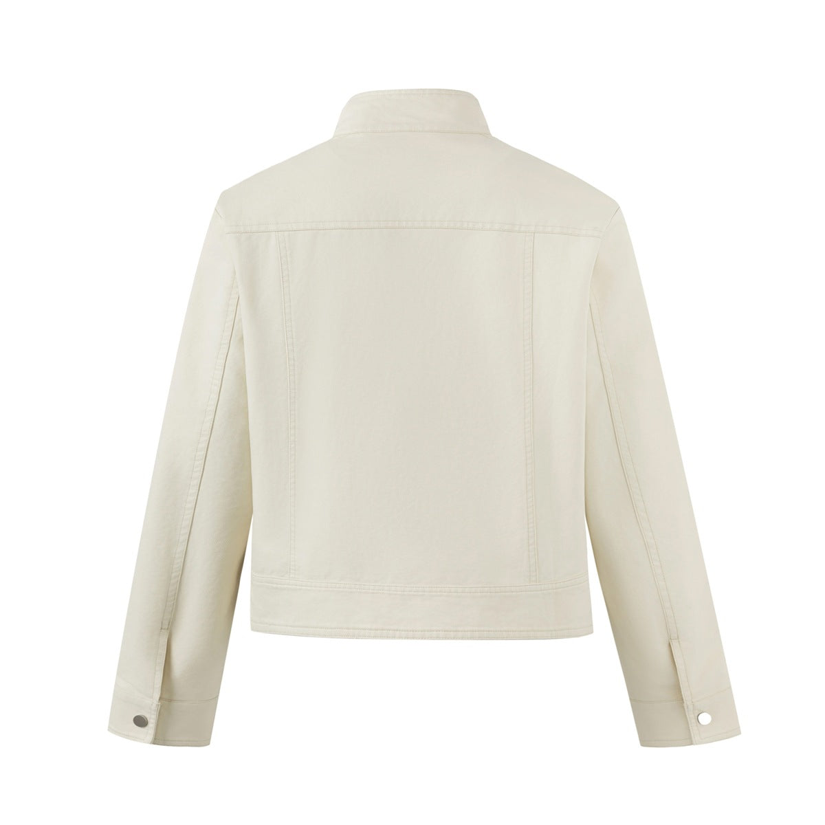 Back view of an ivory cropped jacket with long sleeves, a stand collar, and stitched panel seams.
