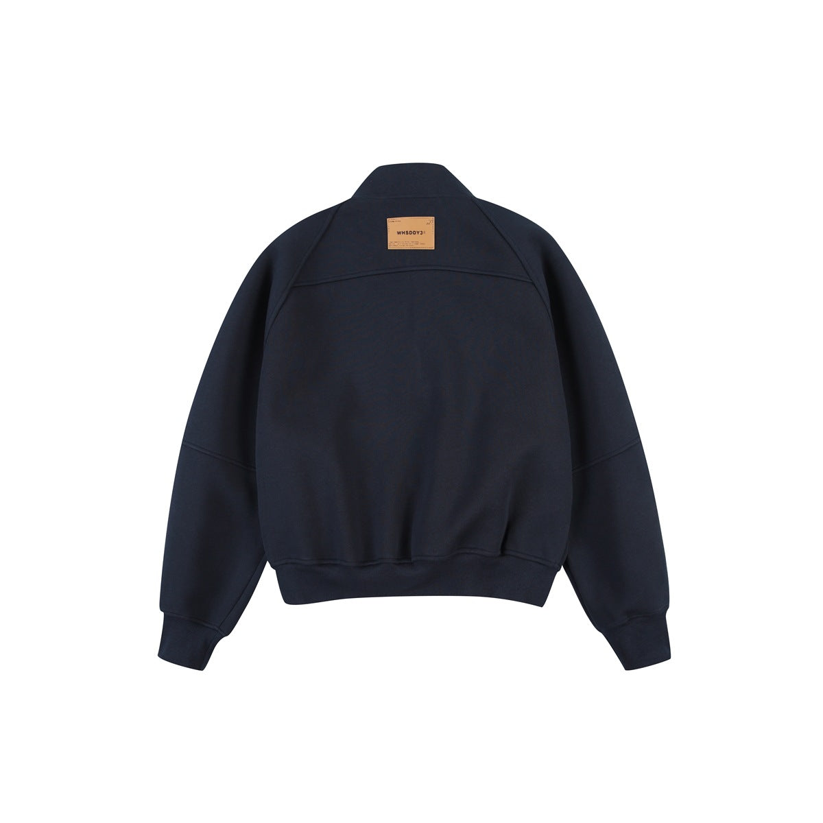 Back view of a dark navy quarter-zip pullover with a stand collar, long sleeves, and ribbed hem and cuffs.