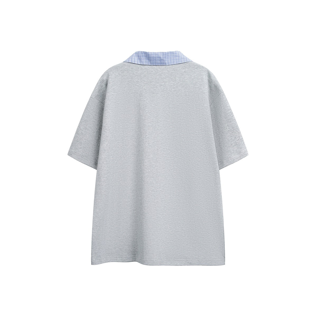 Back view of a light gray short-sleeve top with a blue checked collar.