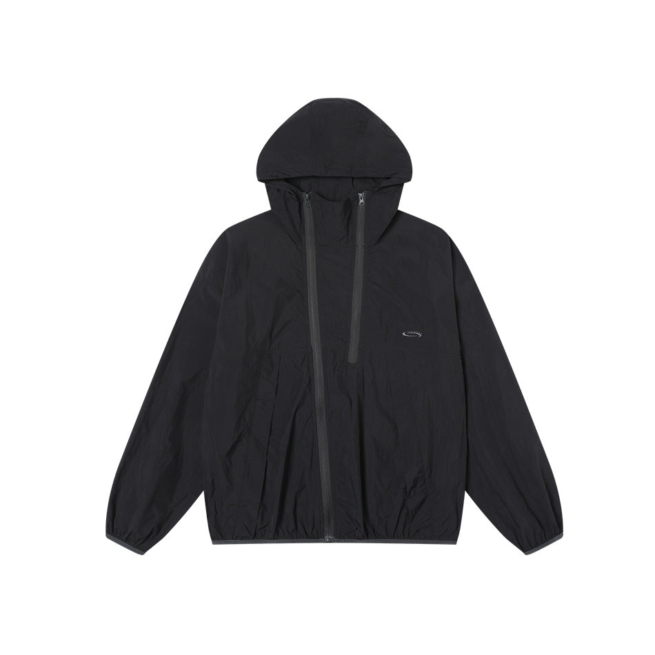 Black hooded jacket with double diagonal front zippers and gray-trimmed elastic cuffs and hem, front view