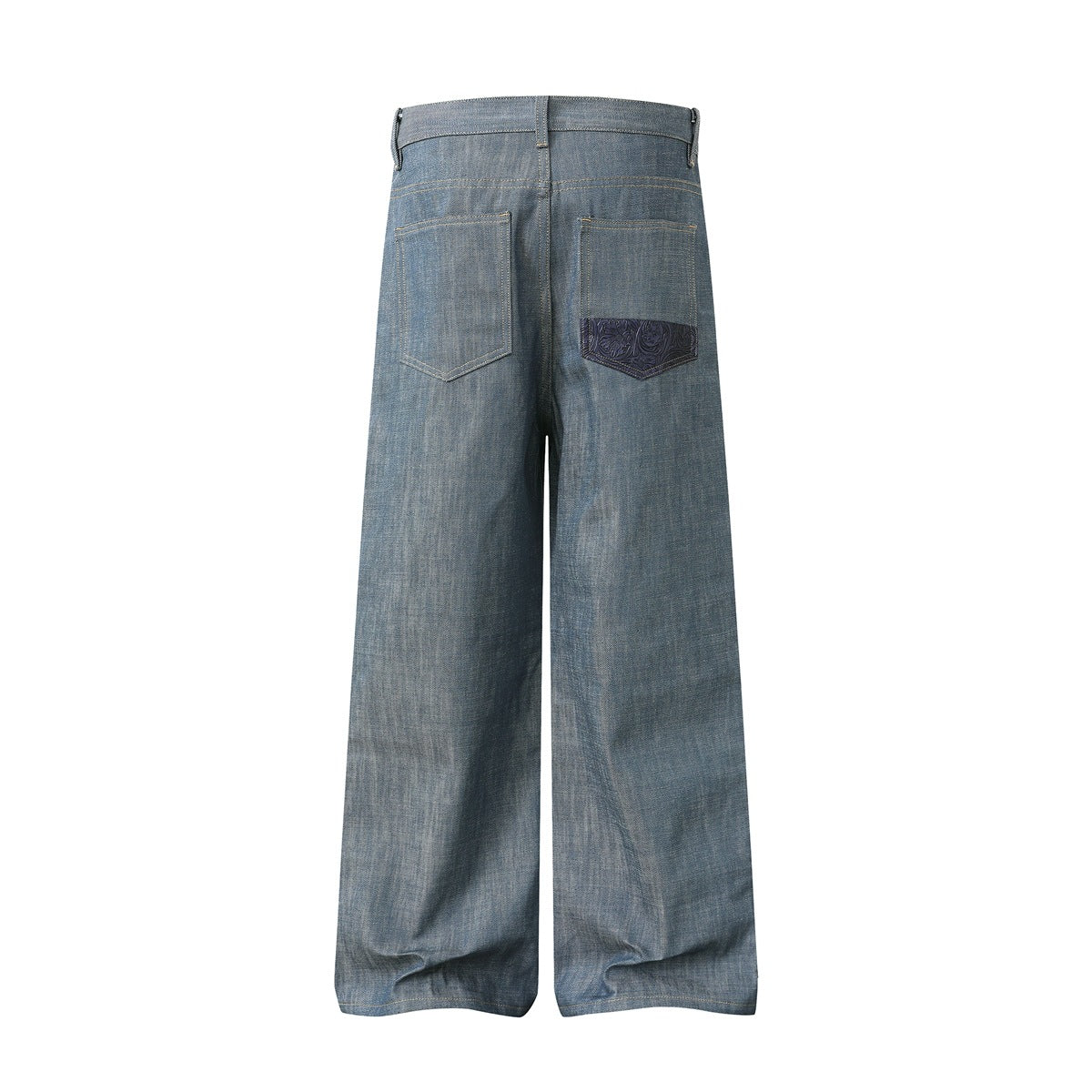 Back view of blue-gray wide-leg jeans with two pockets and an embossed dark panel on one pocket.